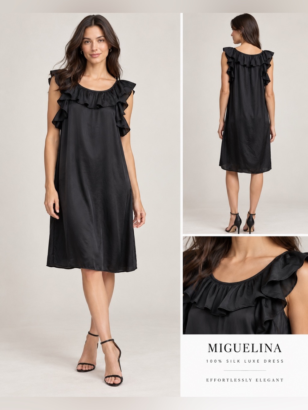 Miguelina XS Black Silk Ruffle Shift Dress Pockets Romantic Resort Cocktail